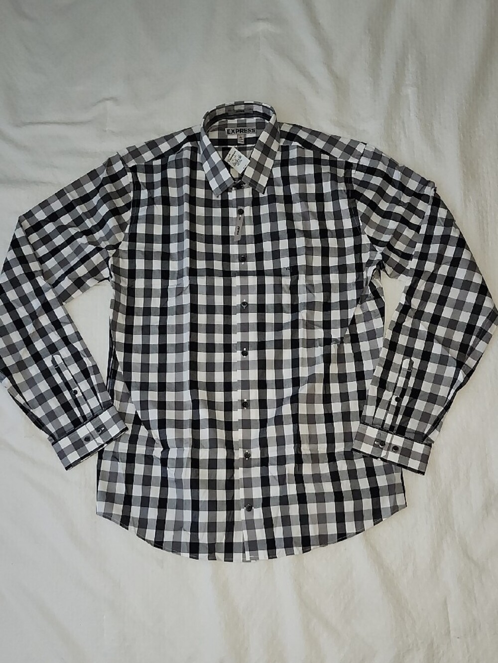 Express Men’s Fitted Button-Up Shirt Black White Gingham Plaid |XL Tall | NWT